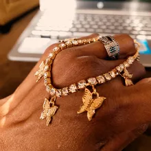 Tobillera de mariposa para mujer, cadena de tenis con diamantes de imitación, joyería para pie, tobillera de playa para verano