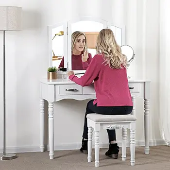 

Großer Schminktisch Kosmetiktisch Frisiertisch with Hocker Klappbarem Schwenkspiegel 3 Spiegel 3 Schubladen, Weiß RDT18W