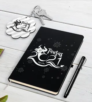 

Personalized 2021 Taurus Zodiac Black Notebook Pen and Keychain Gift Set