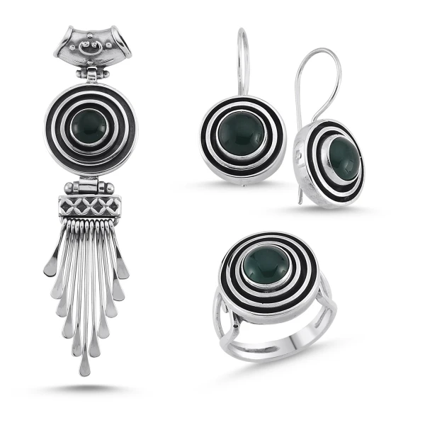 

Silver 925 Sterling Green Agate Stone Handwork Set
