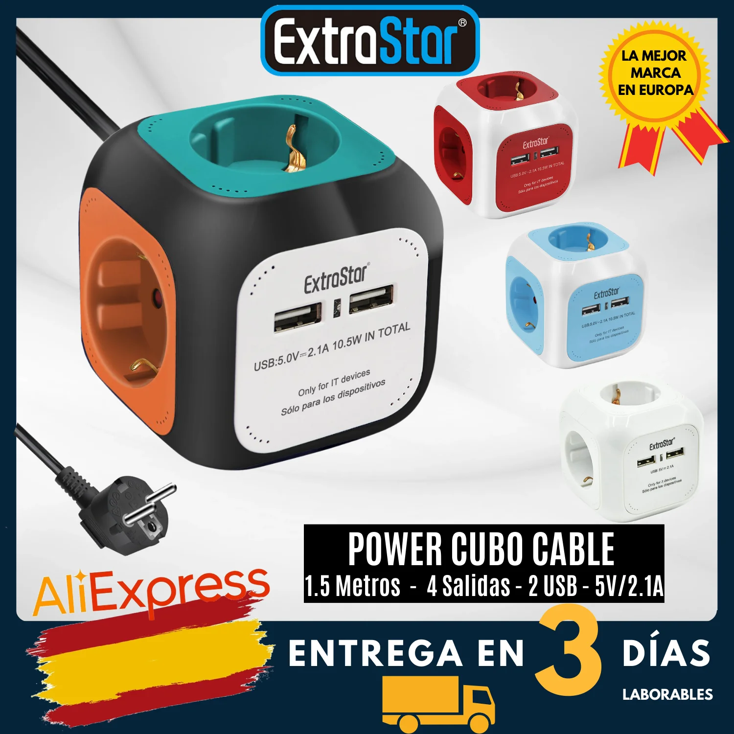 ExtraStar®Power Cube Cable 1.5 m Power Strip 4 Outputs, with 2 for USB charging 5V/2.1A, white/blue/red/mixed