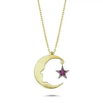 

Angemiel 925 Silver Zircon Stone Moon Star & Ataturk Skyline Necklace-Gold Plated