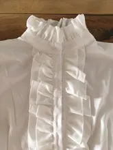 Blusas victorianas de oficina para mujer, camisa blanca de cuello alto con volantes, camisas con puños con volante
