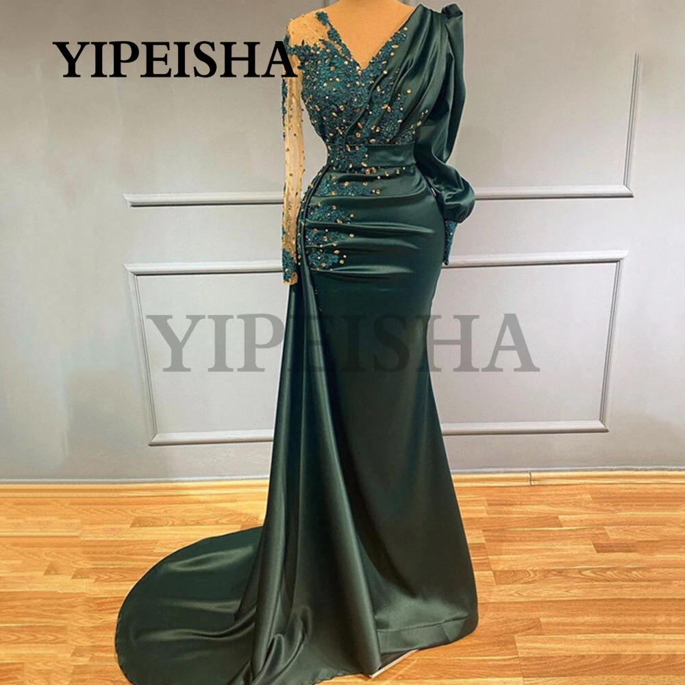 

Exquisite Lace Appliques Mermaid Evening Dresses Bottle Green Long Sleeve Sweep Train Prom Gown robes de soirée فساتين السهرة