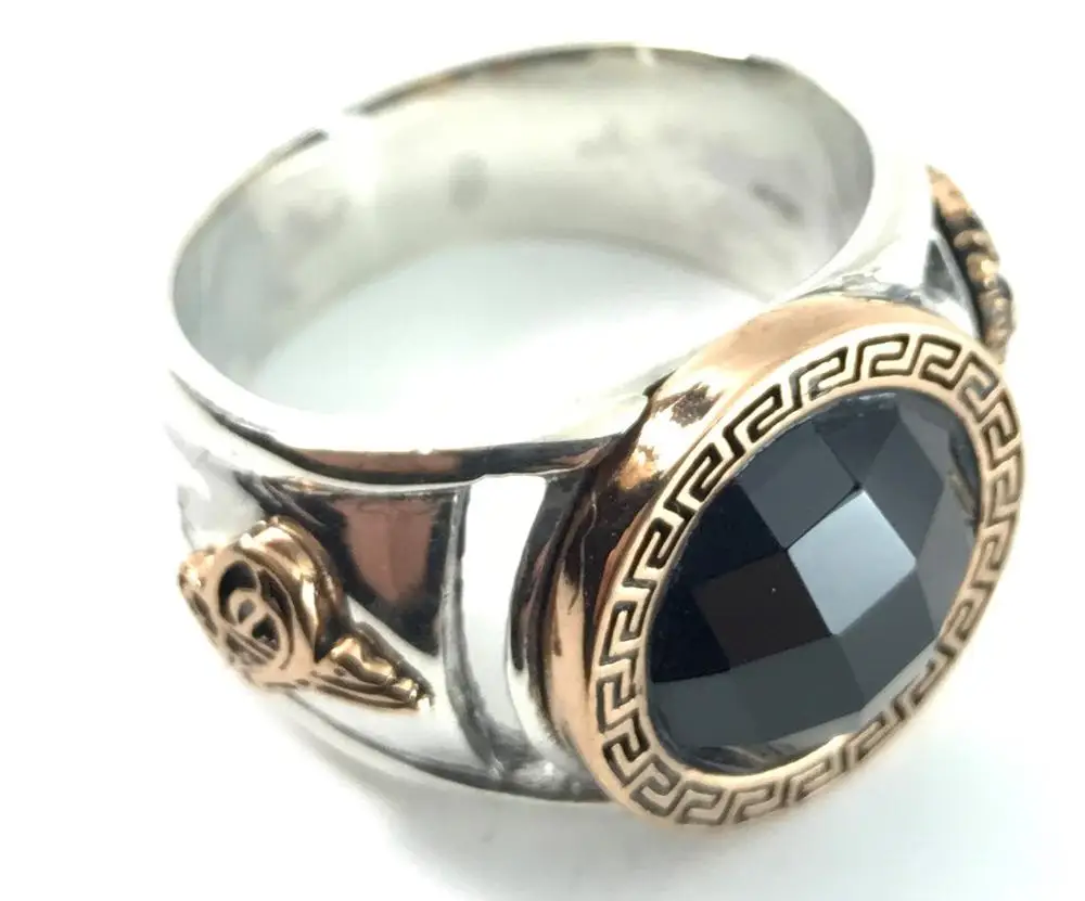 

LARGE MIDDLE ROUND BLACK STONE SIDES OTTOMAN ARMORY CHARISMATIC RING 925 SILVER Muslim Ring