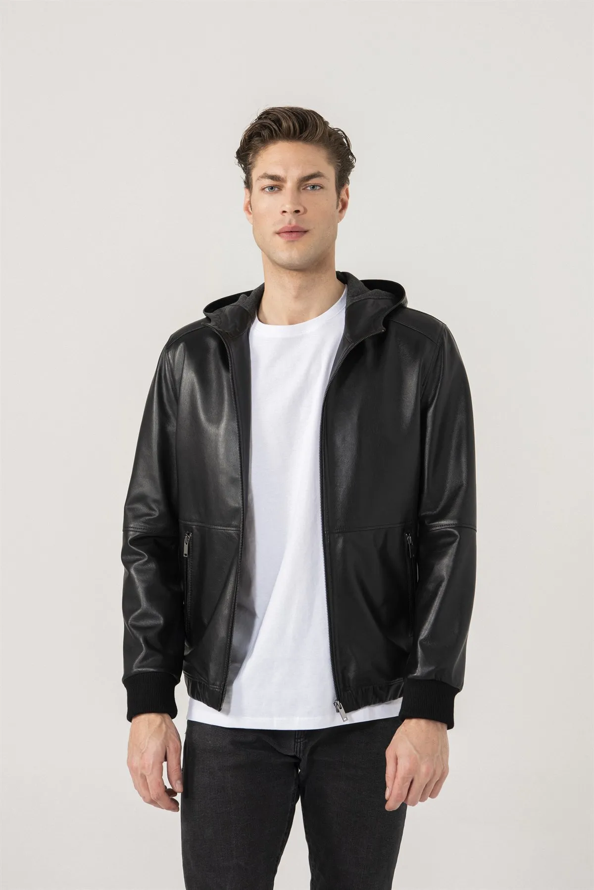 

Men's Hooded Black Leather Jacket Genuine Sheepskin Coats Soft Quality New Season Design Jackets Biker Casual Outfits Spring