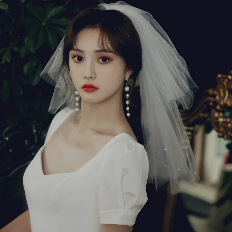 

Three Layers Short Bridal Veil With Pearls Velos de Noiva Beads Veil Wedding Veil With Comb Tulle Voile Mariage Accessories