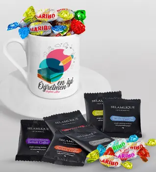 

Personalized Best Teacher Turkish coffee Cup Selamlique Mixed Turkish Coffee House and Haribo Candy Gift Seti-3
