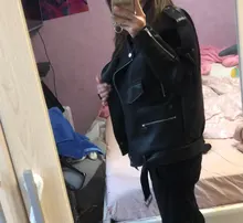 Jacket Coat Fitaylor Faux-Leather Loose Outwear Casual PU Sashes Black Tops Bf-Style