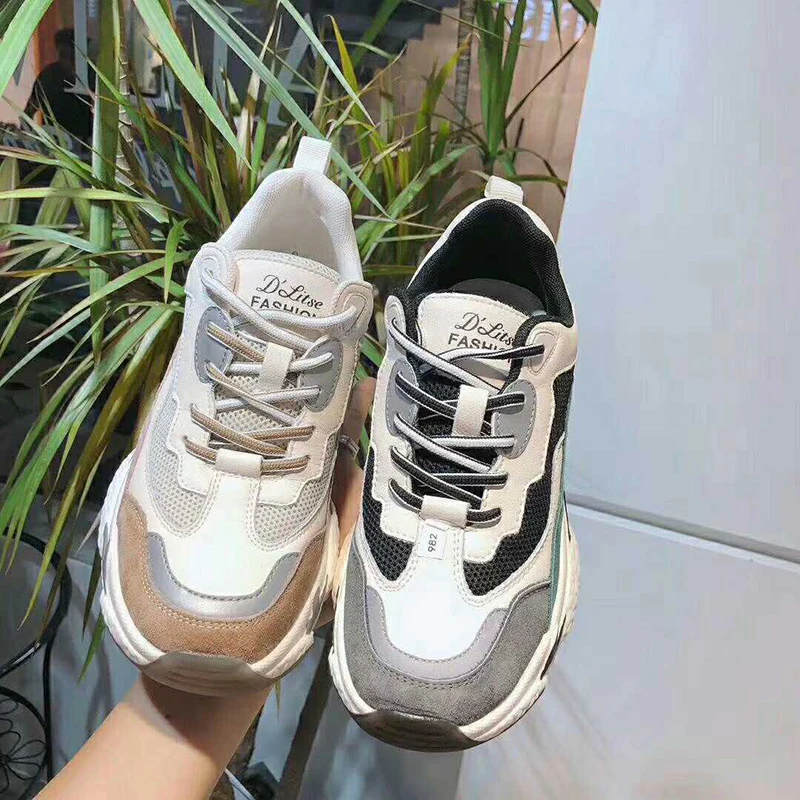 Ceny Kobieta skórzana siatka daddy shoes moda grube dno kobiet platformy trampki lekkie oddychające buty na co dzień szwy kolory