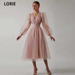 LORIE V-Neck Tulle Prom Dresses With Long Sleeves Robes De Soirée Belt For A Fitted Silhouette And Back Cutout Evening Paty Gown