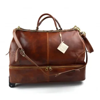 

Leather trolley travel bag doctor bag weekender with wheels overnight brown