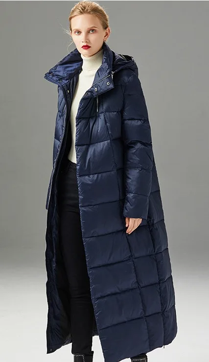 Женская куртка с капюшоном Obrix на утином пуху, длинная, зимняя, толстая, длинный рукав, трендовая, на молнии, повседневная, стильная, куртка для женщин - Цвет: Синий