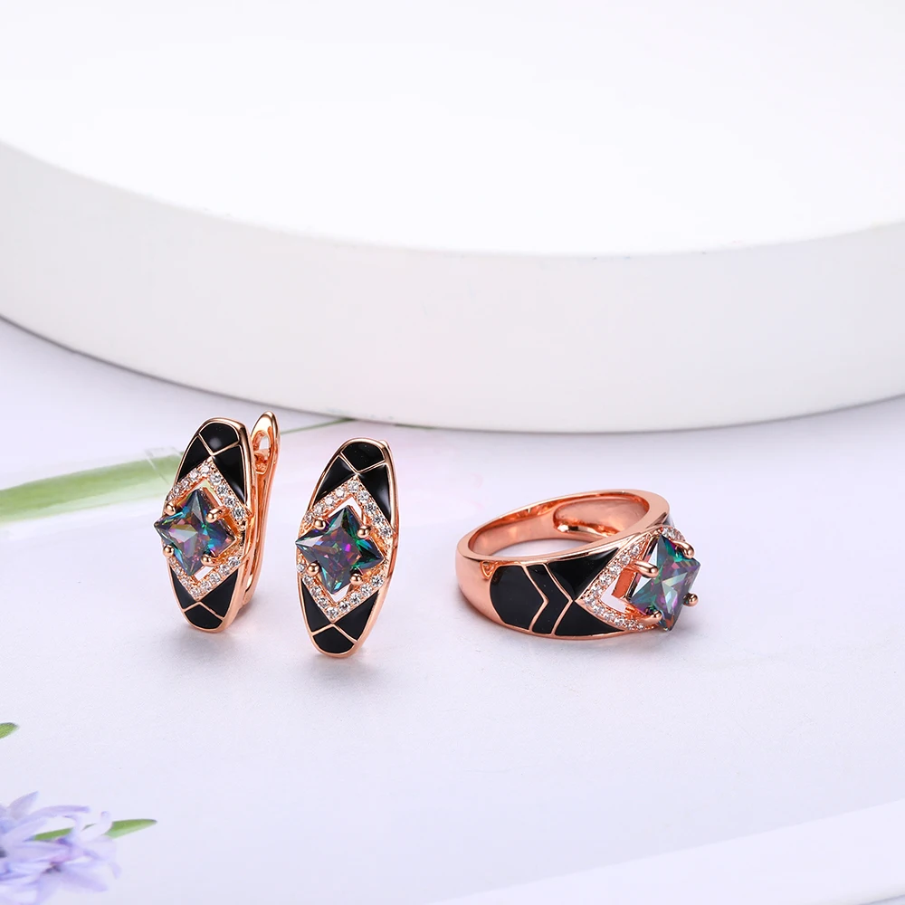 Huadie women's fashionable set of enamel decoration with zircons. Earrings and ring with a large zircon. Black enamel. new. 2022 trend