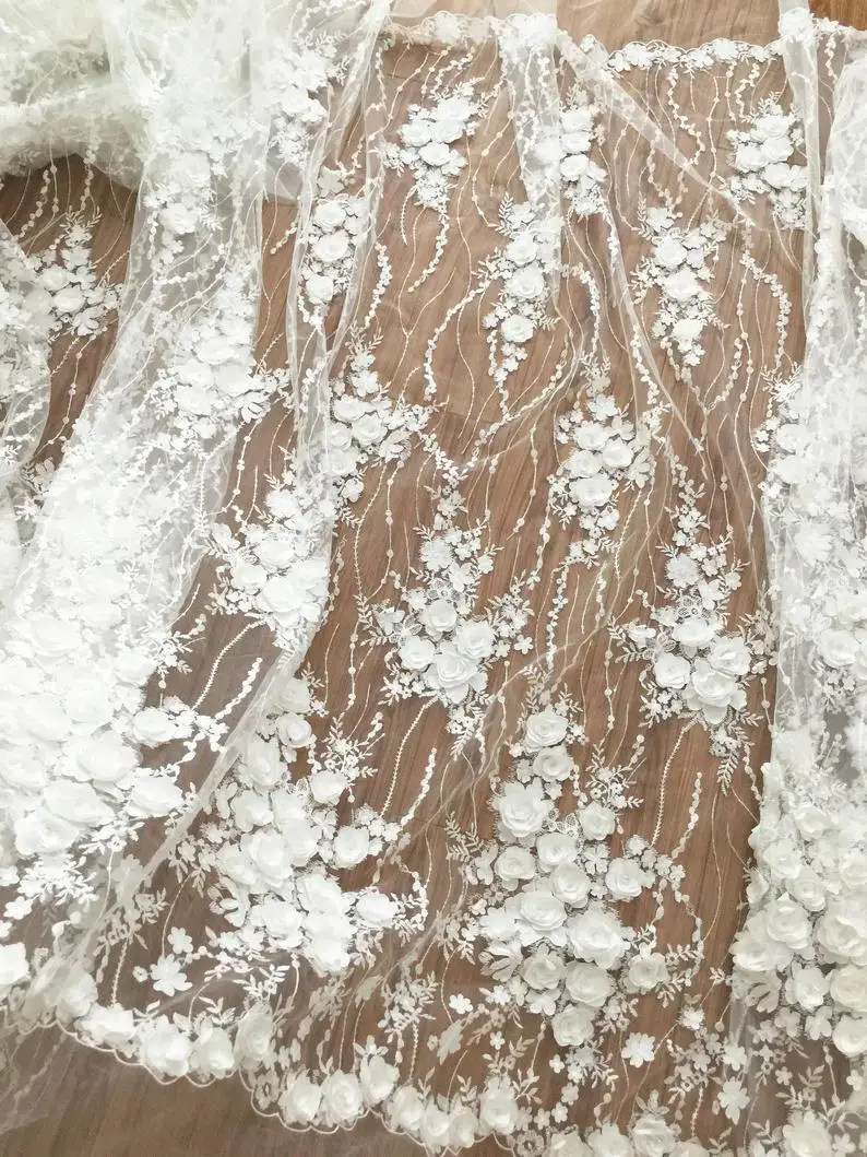 1 Yard Exquisite Pailletten 3D Spitze Stoff mit Shabby Rosette, Braut Kleid Hochzeit Kleid Stoff von Hof, blatt Emrboidery – Detail 2