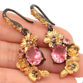 

42x16mm Amazing Vintage Style Created Pink Morganite Woman's Black Gold Silver Earrings