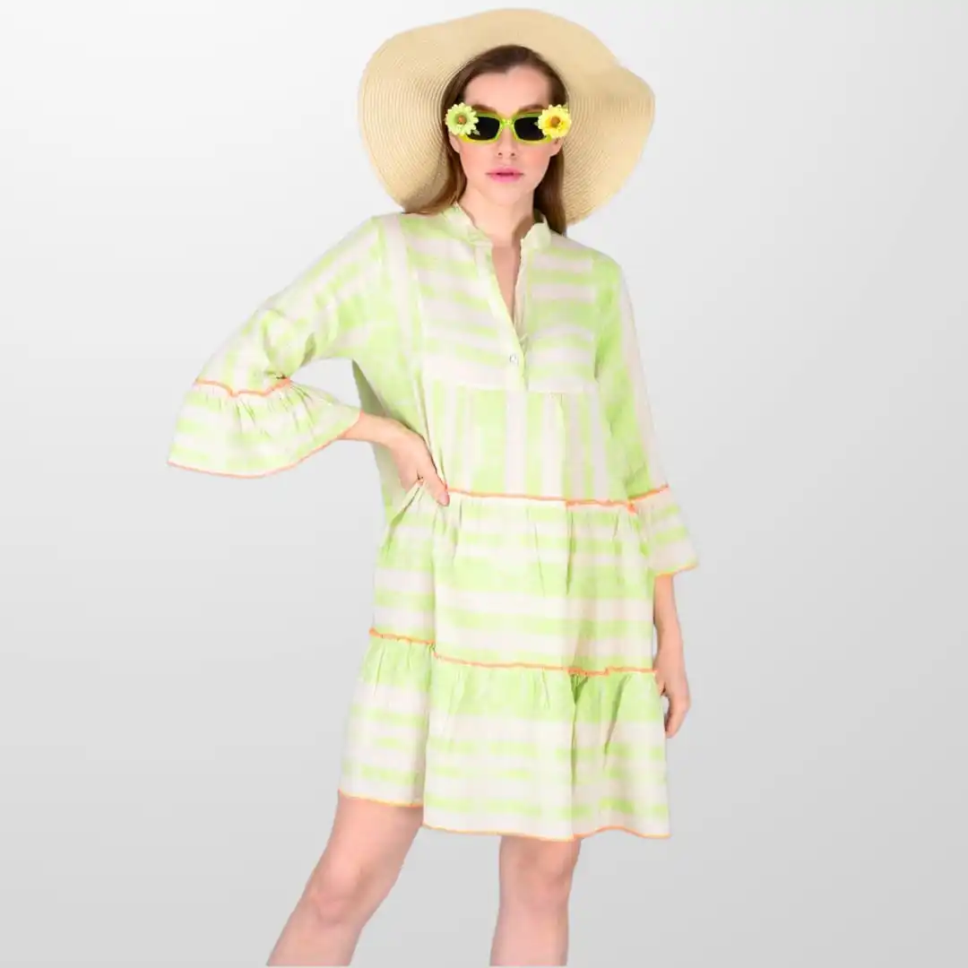 

Block Pattern Natural Cotton Fabric Mandarin Collar Mini Dress 2022 New Fashion Women Holiday Clothing 5 Different Color Options