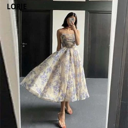 LORIE 2021 New Violet Appliques Tulle A-line Evening Dresses Boat Neck Spaghetti Straps Tea Length Prom Gowns Party Dresses
