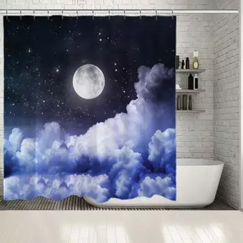 

Shower Curtain Cloudy Night Sky with Full Moon and Stars Magical Nature Romantic Scenery Printed Gray Blue