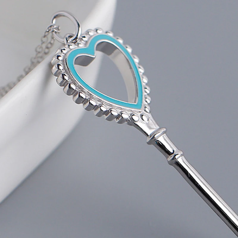 100%Classic blue Keys Necklace for Women Love Chain bead Heart TF Pendant Necklace Gift Bohemian Choker Necklace 925 silver logo (14)