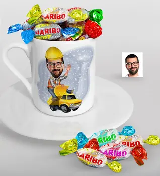 

Personalized Bay Road Engineer Caricature Of Turkish Coffee cup And Haribo Candy Gift Seti-1