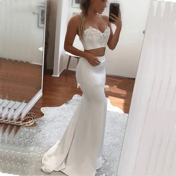 

Charming Sweetheart Neck Mermaid Long Sexy Two Pieces Appliques Beaded Party Gowns Robe De Soiree Prom Dresses