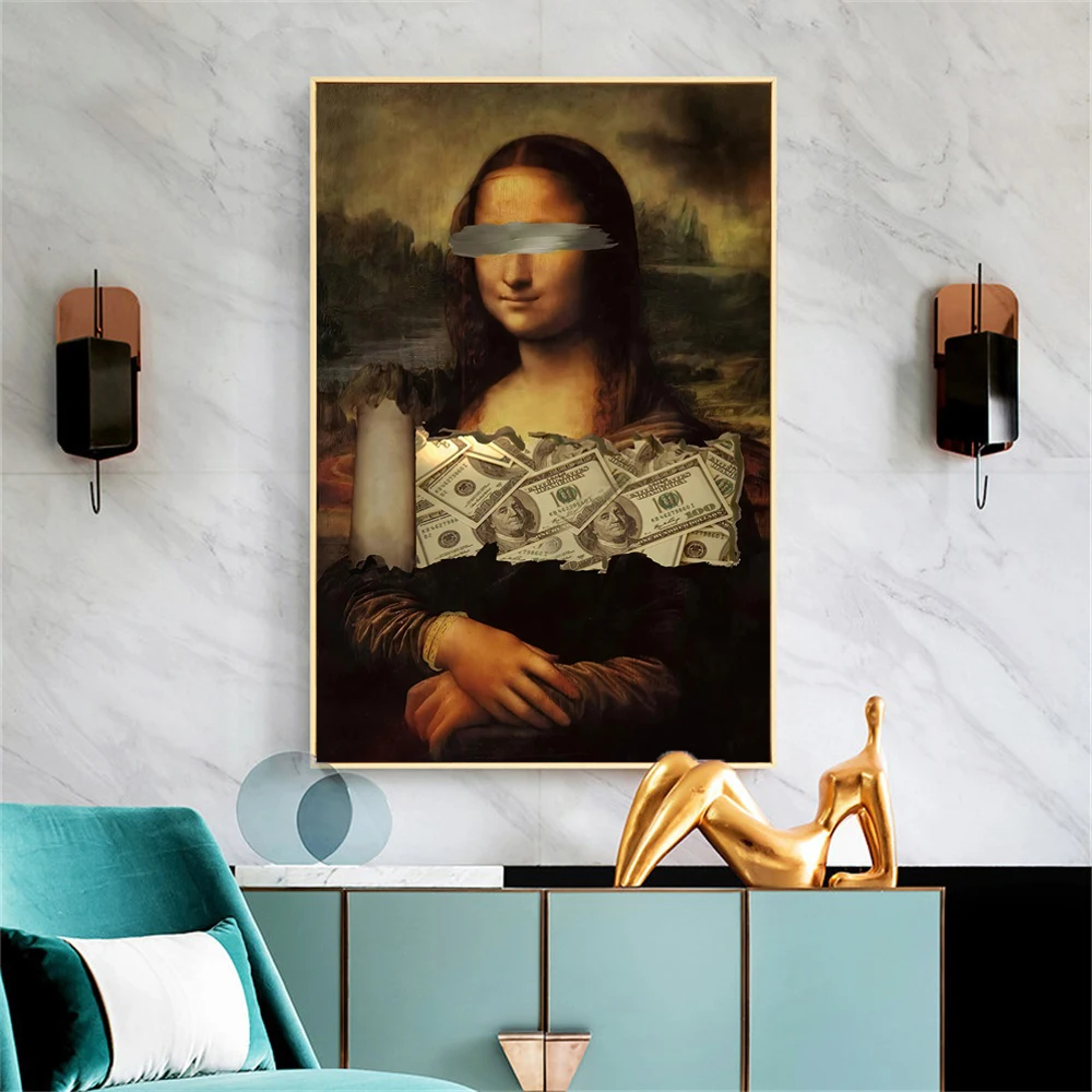 

Home Decoration Funny Mona Lisa Poster Prints Canvas Wall Art Money Motivating Art Painting for Living Room Home Decor Cuadros