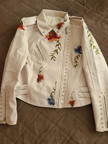 Veste Cuir Beige Fleurs Brodées