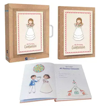 

Signature book First Communion with briefcase, Girl Blonde with flowers. Souvenir for holding the First Communion.