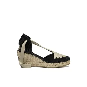 

VIDORRETA-MUJER-ALPARGATAS CRIB ESPADRILLE HALF COT ESPARTO SPLIT LEATHER BLACK WHITE RIBBONS
