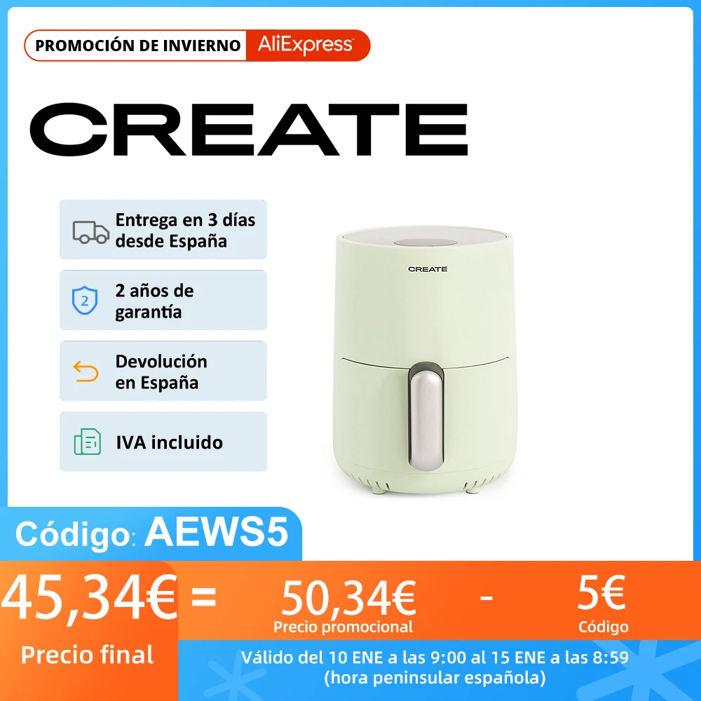 CREATE- FRYER AIR, freidora sin aceite1,5L, 900W, cesta antiadherente, hasta 200º, apagado automático, sin BPA