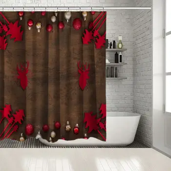

Wooden Reindeer and Pine Trees Colorful Baubles on Wood Table Country Style Decor Photo Printed Red Brown Shower Curtain