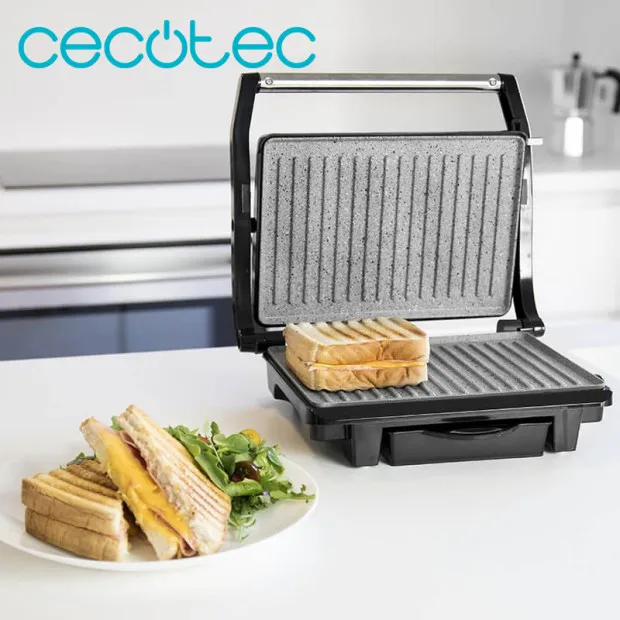 Cecotec RocknGrill 1000W Parrilla Grill Eléctrica Plancha y Sandwichera Revestimiento Ecológico con Bandeja Recogegrasas Superficie Amplia Cocinado Placa Flotante Adapta Altura con Indicador Luminoso y Asa
