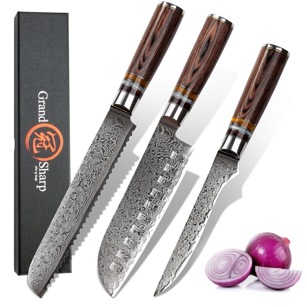 Дамаск Кухня ножей vg10 японской дамасской Сталь Santoku хлеб нож-топорик 3 шт набор ножей для повара инструменты для домашнего приготовления Сталь
