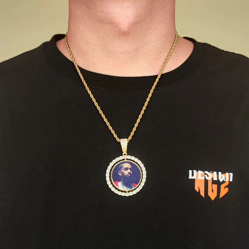 Customized Rotating Double-sided Picture Pendant Gold Plated Micro Inlaid Zircon Memory Photo Custom Hip Hop Jewelry