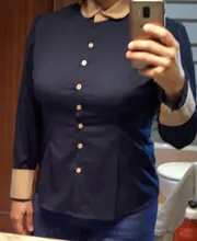 Casual Shirt Blouse Tops Button Patchwork Blusas Long-Sleeve Lapel Office Autumn Plus-Size