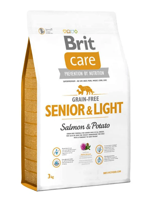 Brit Care, светильник для пожилых, диета, корм для собак, без зерна, с лососом и картофелем, для пожилых собак, 3 кг, питание, здоровый рост, кормление домашних животных