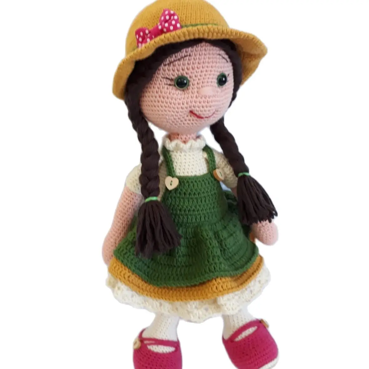 baby-girl-toy-with-amigurimi-hat-cute-fashion-stuffed-hand-craft-healthy-colorful-green-blue-red-crochet-knit-dress