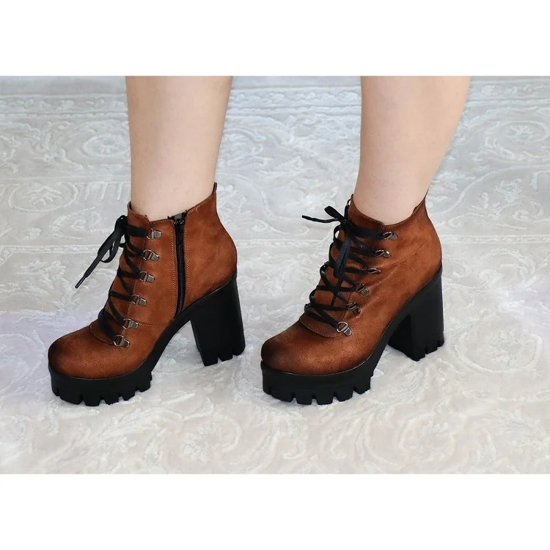 Women's Winter Fashion Platform Heel Bootie Suede Materıal Beige Layd Shoes Non-Slip Sole Round Toe With Elastic Band and