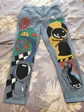 Pantalones vaqueros con estampado de dibujos animados para mujer, pantalón harén para niña, pantalón vaquero de cintura alta para mujer de talla grande