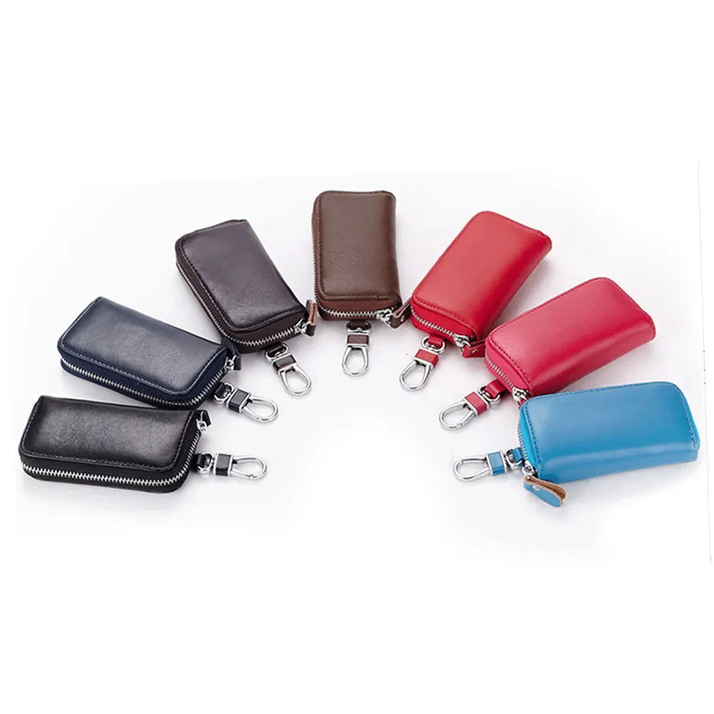 

Key Wallets Man Genuine Leather Short Square Cowhide ID Card Holder Zipper Multi-function Car Key Chain Wallet fashion 6 rings