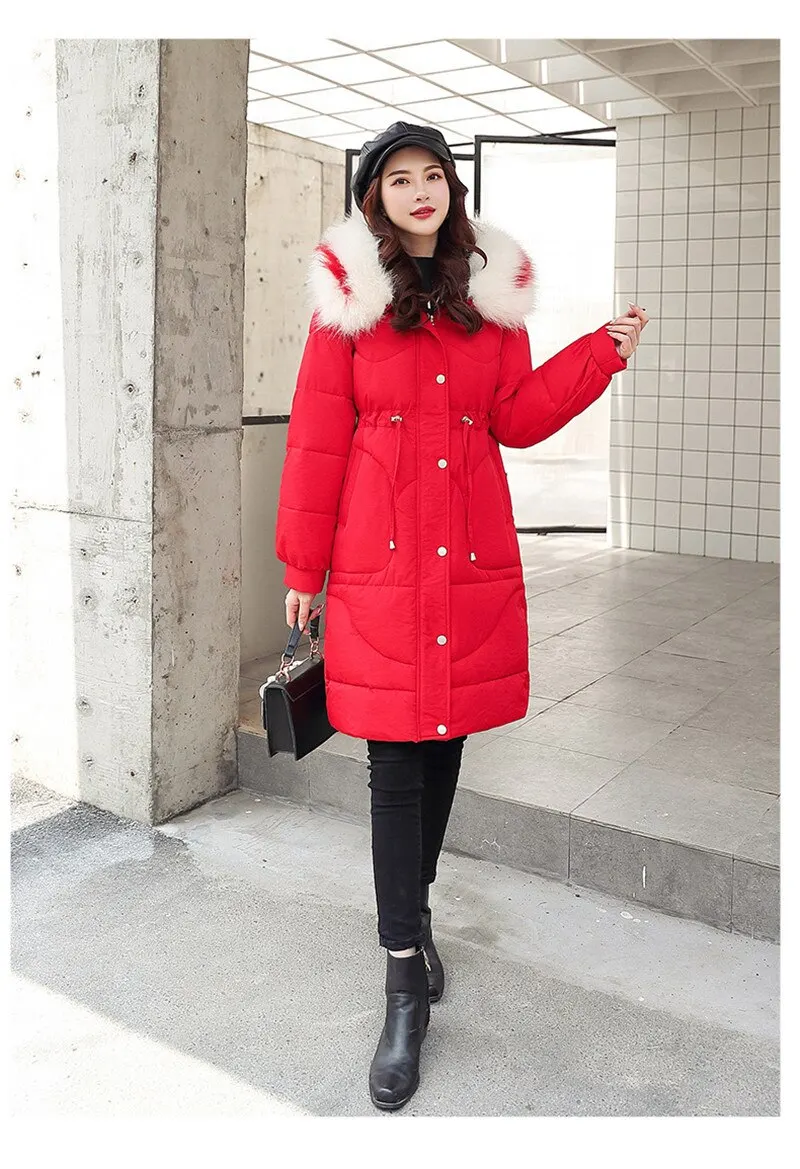nouveau hiver bas manteau mi-long Slim femmes A capuche parka fourrure col ceinture zipper epais chaud mode coton vêtements