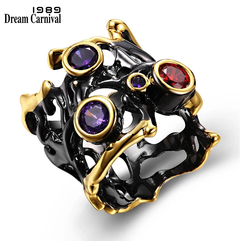 

DreamCarnival 1989 Unique Design Hip Hop Purple Red CZ Gothic Black Gold Hollow Parties Jewelry Vintage Rings for Women R02