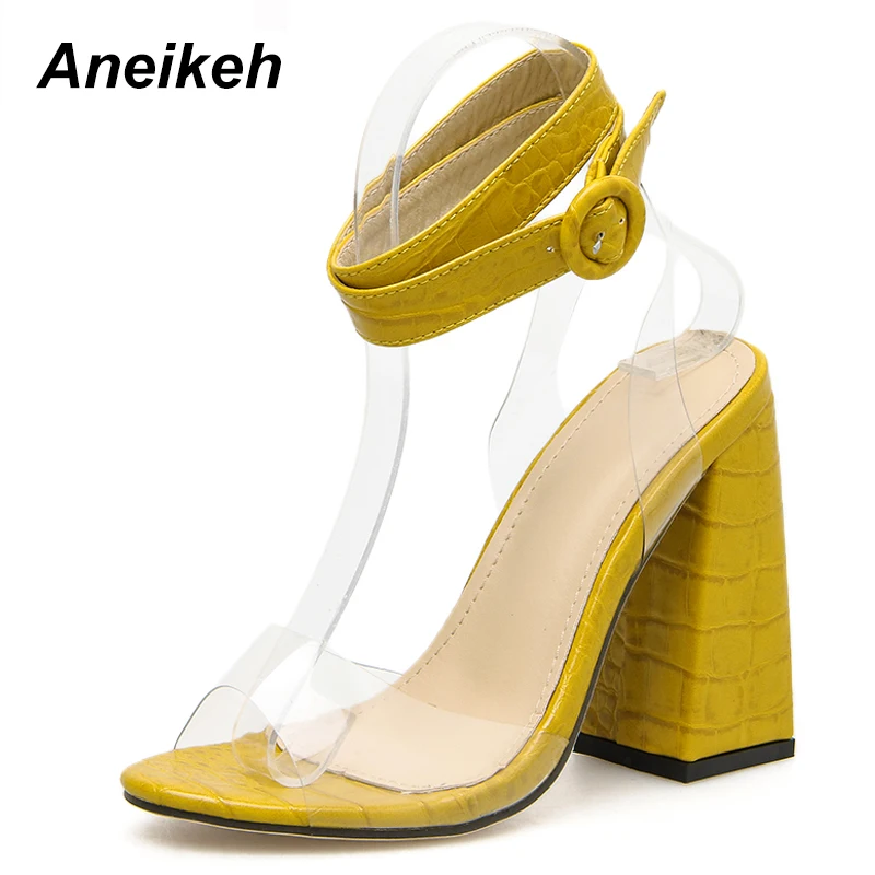 yellow Aneikeh/ г.; женские сандалии-гладиаторы из пвх; летние модные босоножки на высоком каблуке с ремешком на щиколотке и квадратным каблуком; туфли-лодочки; Прямая поставка; Размеры 35-40 - Цвет: yellow