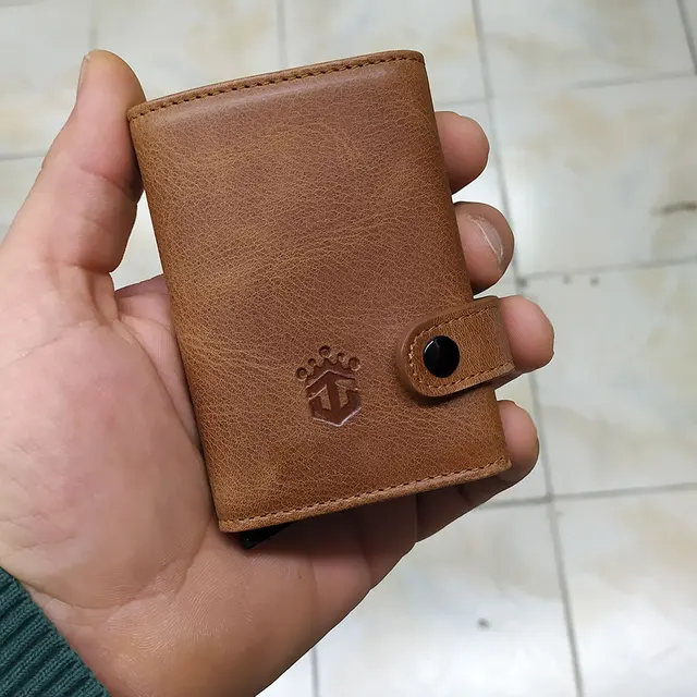Smart Wallet Business Card Holder Real Cow Leather Handmade Smart Automatic Card Holder Men Gift Hasp Tan