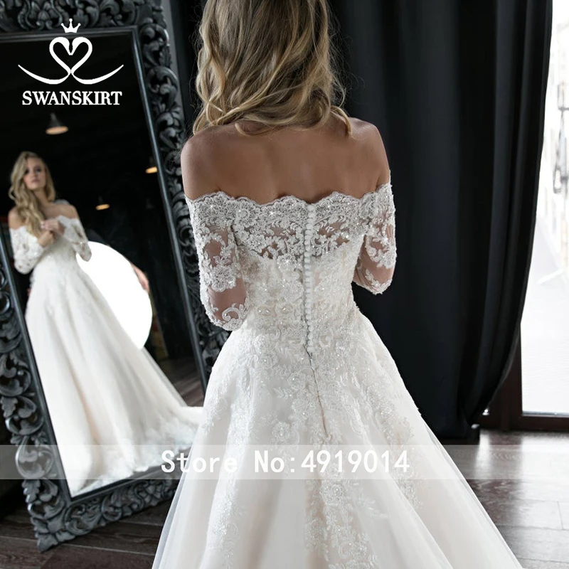 Винтажное свадебное платье трапециевидной формы с бусинами,, Swanskirt, с длинным рукавом, с аппликацией, кружевное свадебное платье принцессы, Vestido De Noiva HZ19
