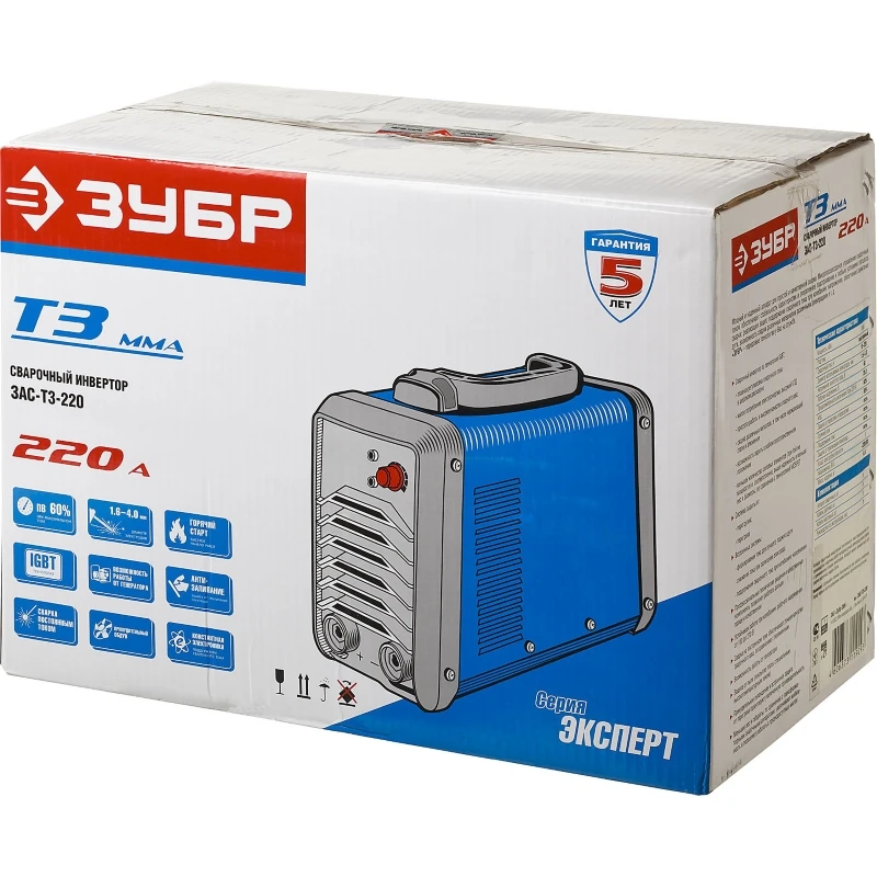 Инвертор сварочный, ЗУБР Профессионал ЗАС-Т3-220, 220А, MMA,IGBT,Форсаж дуги,Горячий старт,Антиприлипание эл-да,ПВ-60%,220В(мин 160В