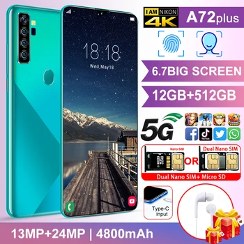 

A72 Plus 12+512GB 5G Mobile Phone 6.7"inch Water Drop Screen Face Recognition 3D Gradient Glass Frosted Back Cover Mobile Phone