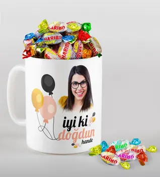 

Personalized Photo Birthday Theme Mug and Haribo Fruitbons Candy Gift Seti-11