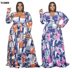 L-5XL Plus Size African Dresses for Women Robe Vetement Femme 2021 Winter Print V-neck Long Maxi Dress Christmas Africa Clothes